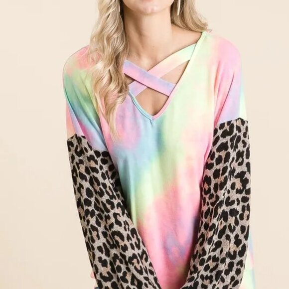 NWT BiBi Tie Dye Terry Top with Leopard Puff Sleeves - Picture 3 of 7